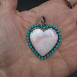Pink Opal Heart with Turquoise and Diamond Border Pendant