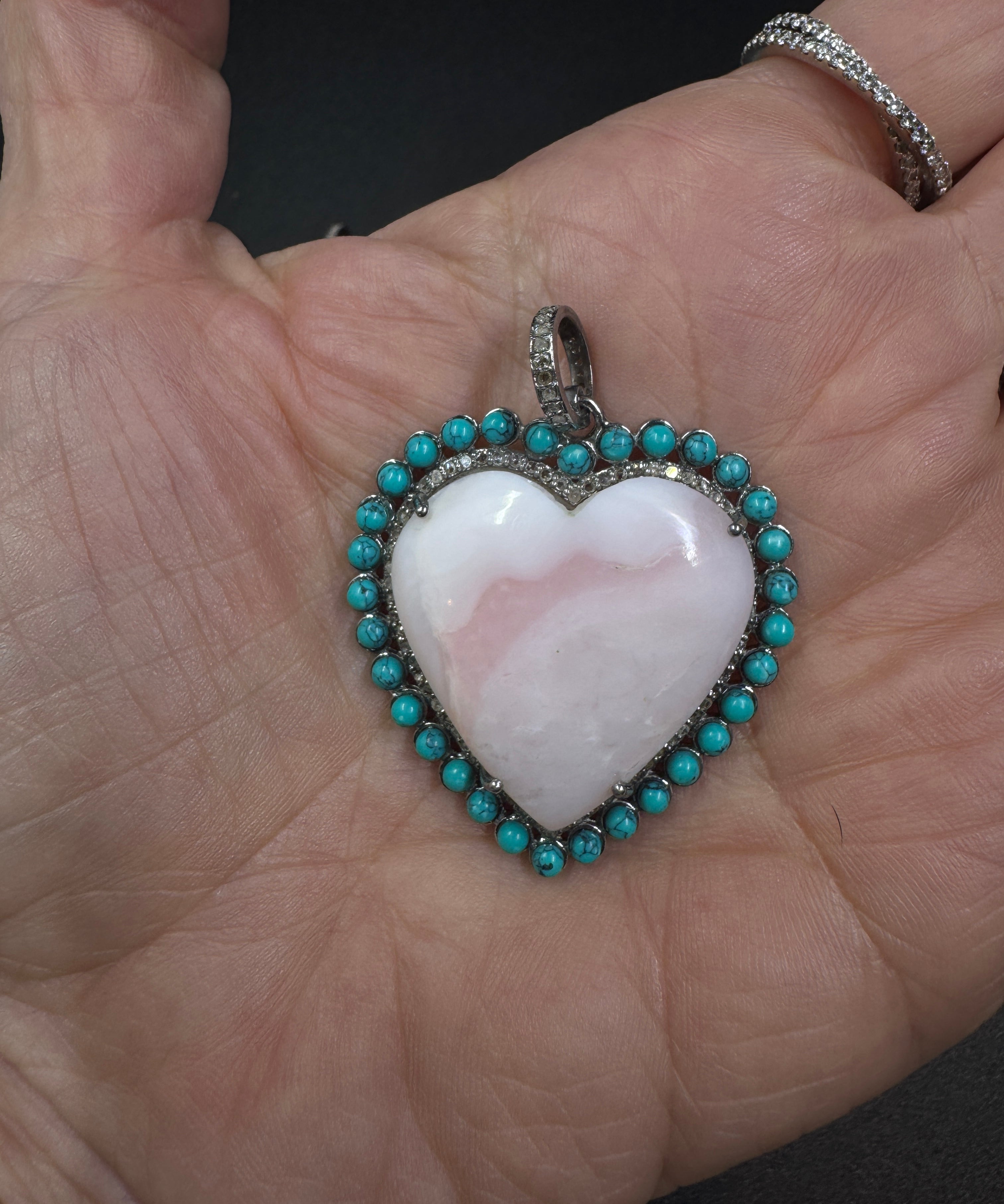 Pink Opal Heart with Turquoise and Diamond Border Pendant