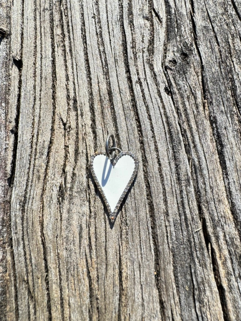 Small White Enamel Teardrop Heart with Diamond Border Pendant