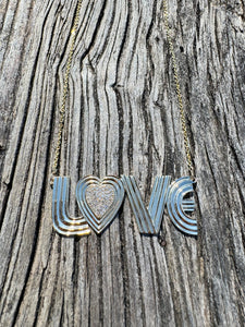 14k Gold Fluted LOVE with Diamond Heart Necklace