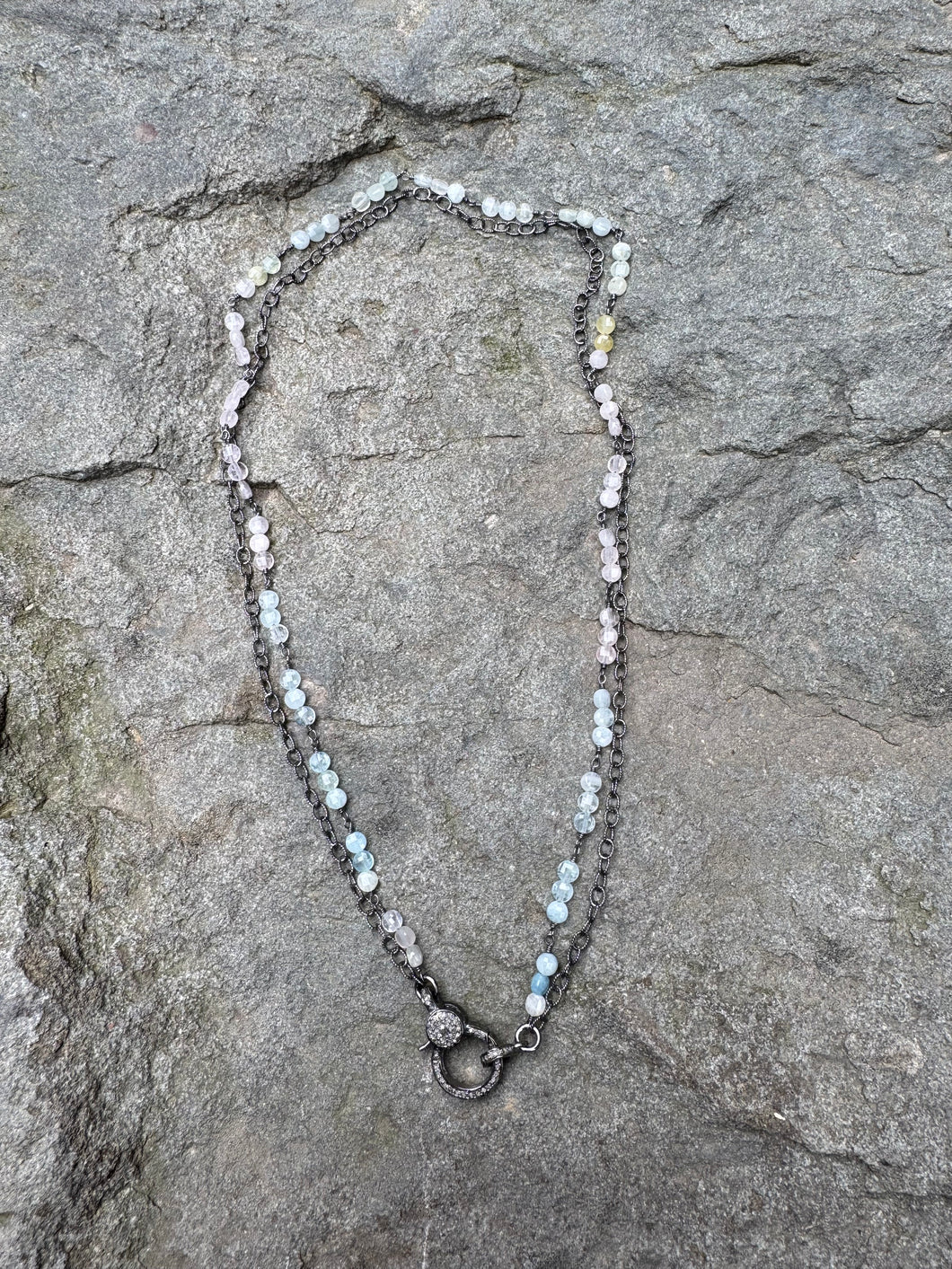 Double Strand Aquamarine Beryl and Silver Chains with Diamond Clasp
