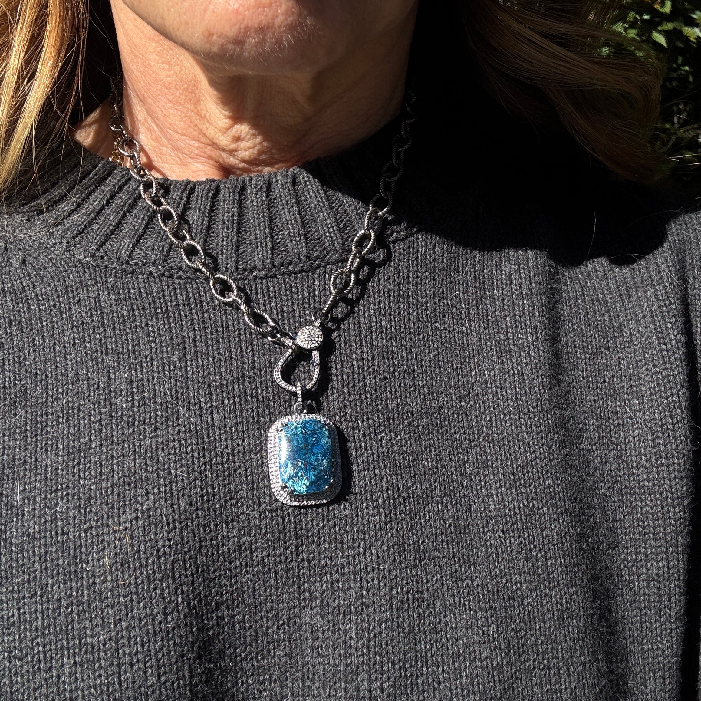 Shattuckite Gemstone and Pave Diamond Pendants