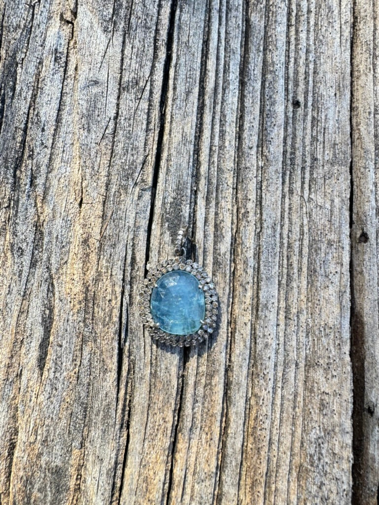 Aquamarine with Double Row of Pave Diamonds Pendant