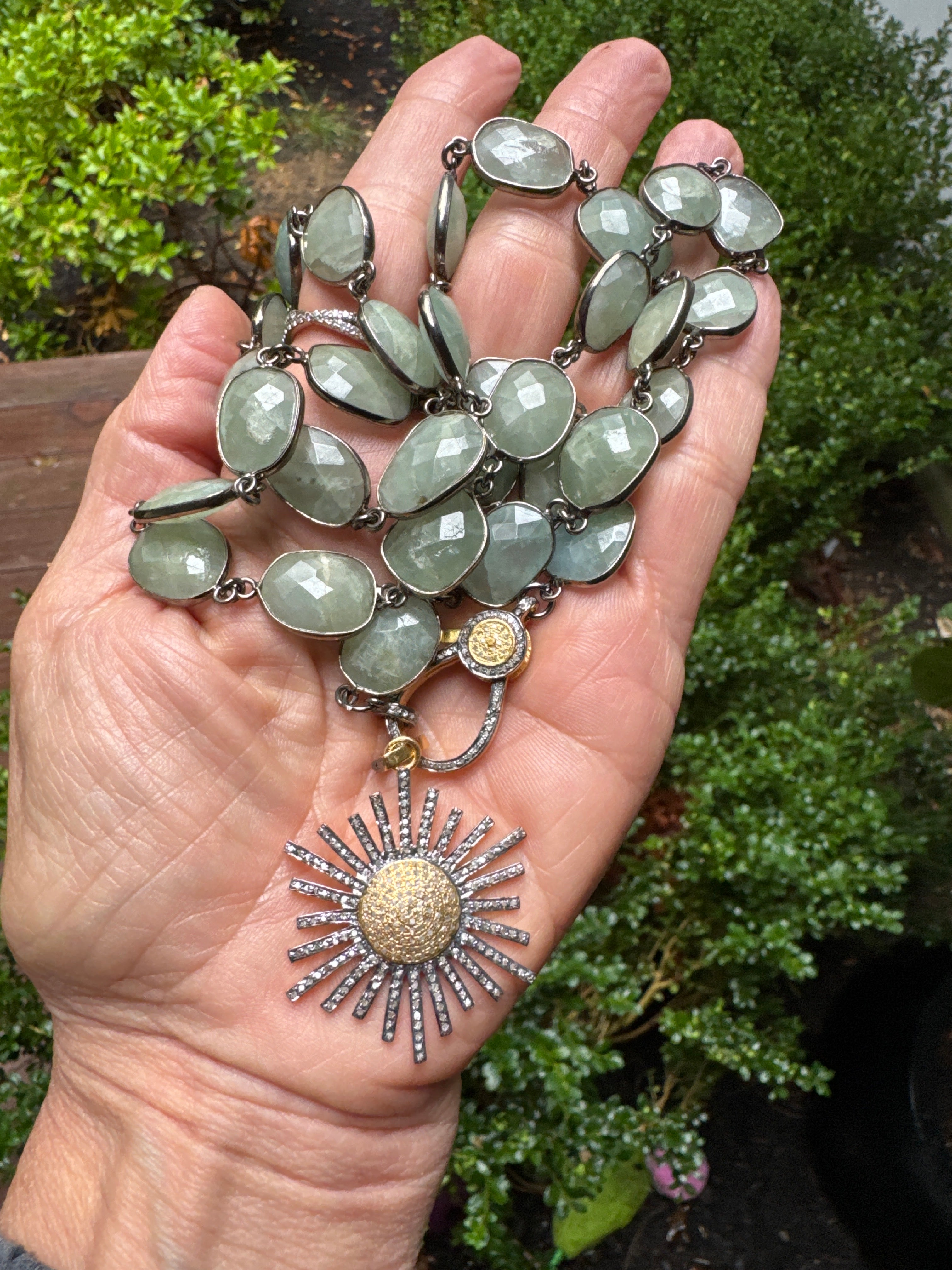 Aquamarine Bezeled Necklace with Pave Diamond Gold Clasp. Pave Diamond Starburst Pendant