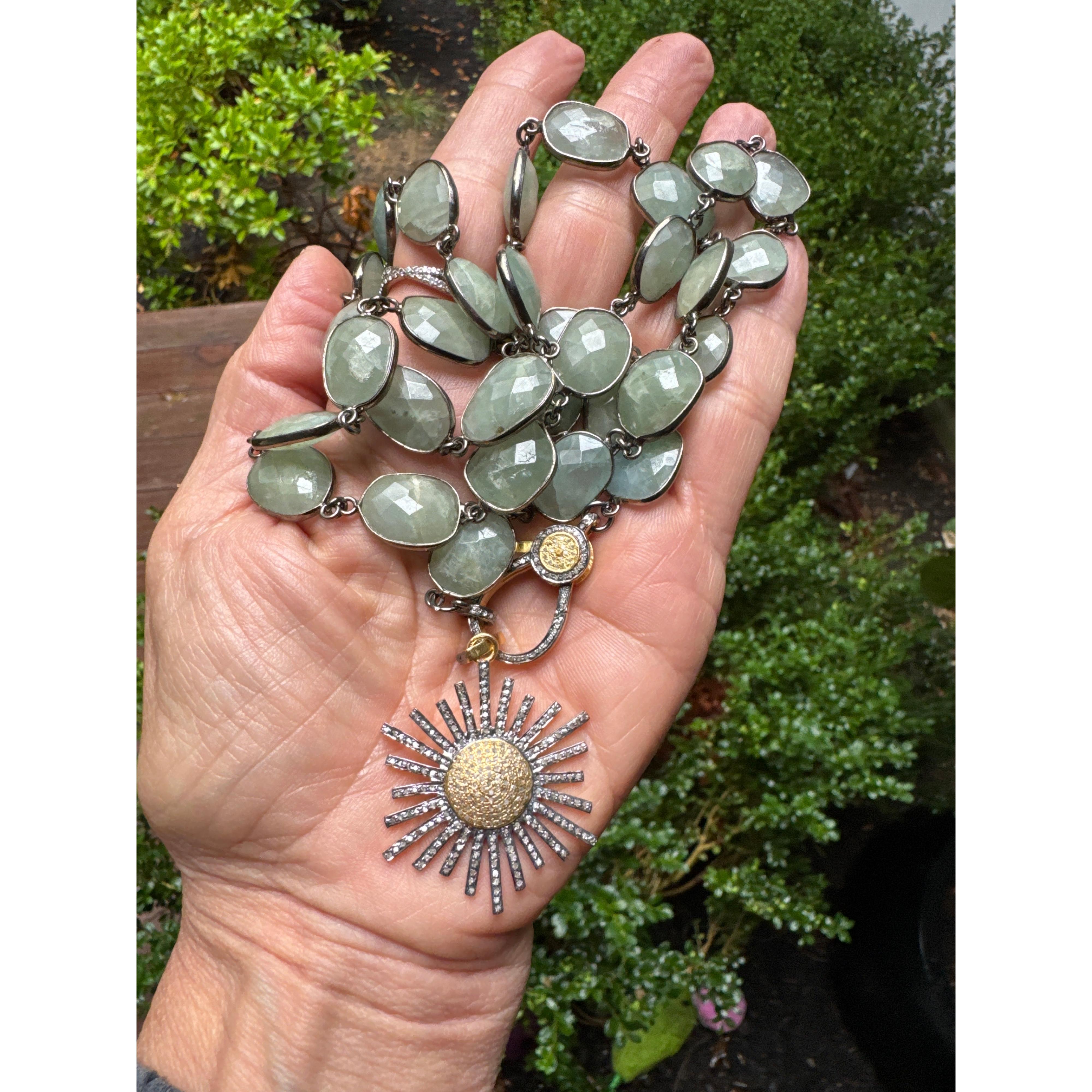 Aquamarine Bezeled Necklace with Pave Diamond Gold Clasp. Pave Diamond Starburst Pendant