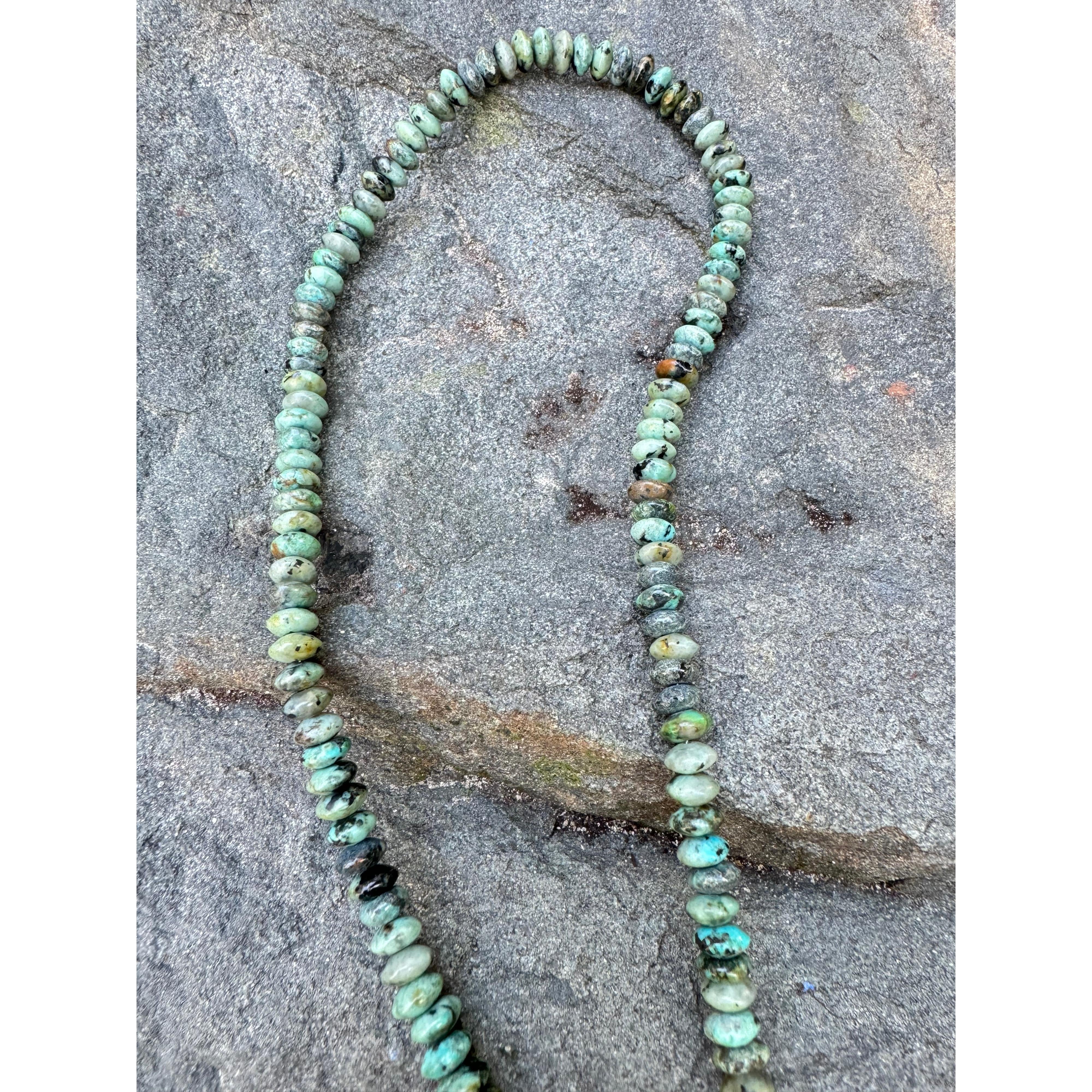 Green and Grey African Turquoise Smooth Saucer Beaded Necklace with Diamond Clasp