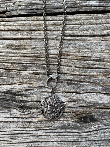 Silver Hammered Rolo Chain Necklace with Pave Diamond Clasp