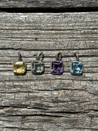 Square Gemstone Pendant with Diamond Border