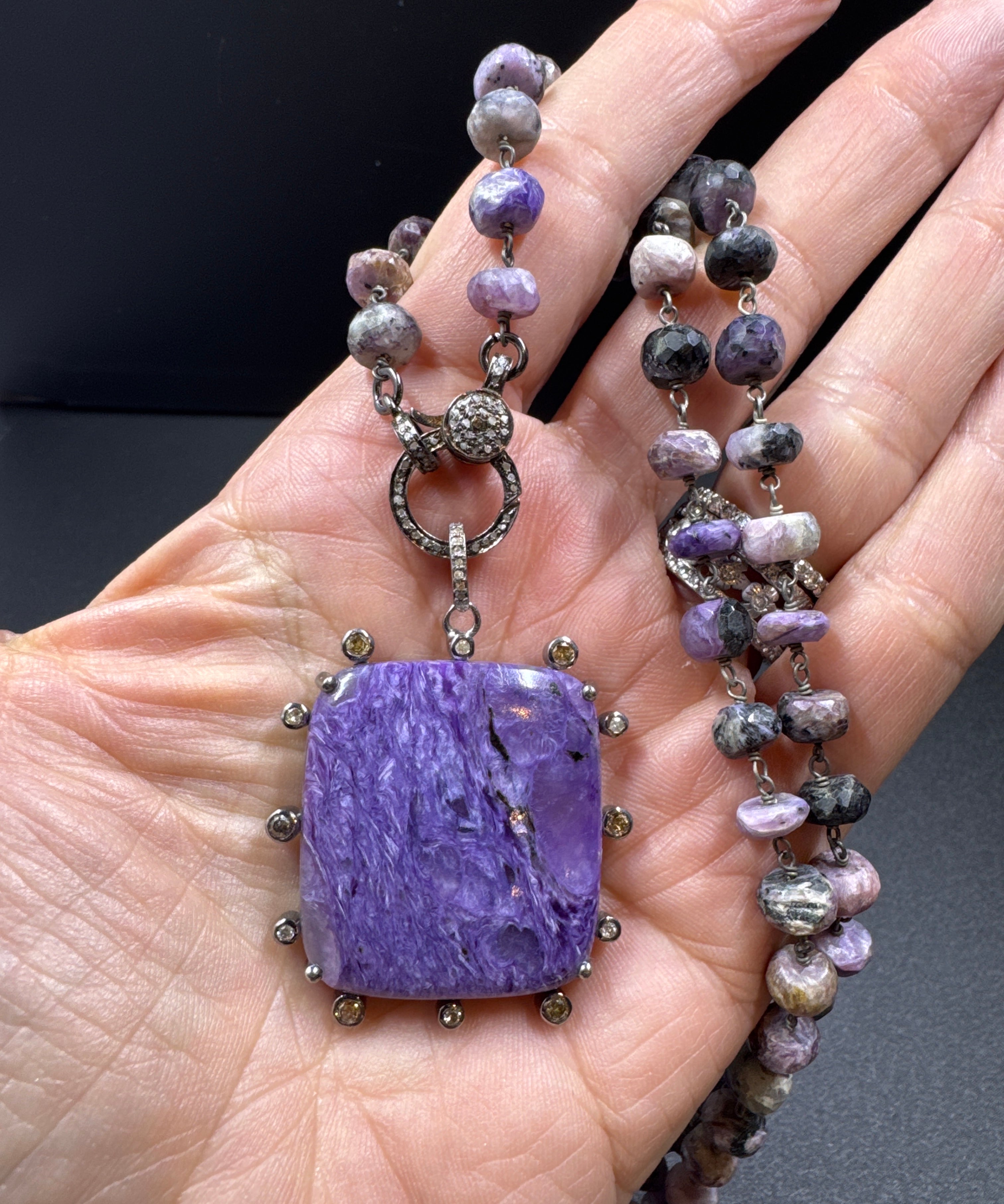 Purple Charoite Beaded Necklace with Pave Diamond Clasp and Matching Pendant
