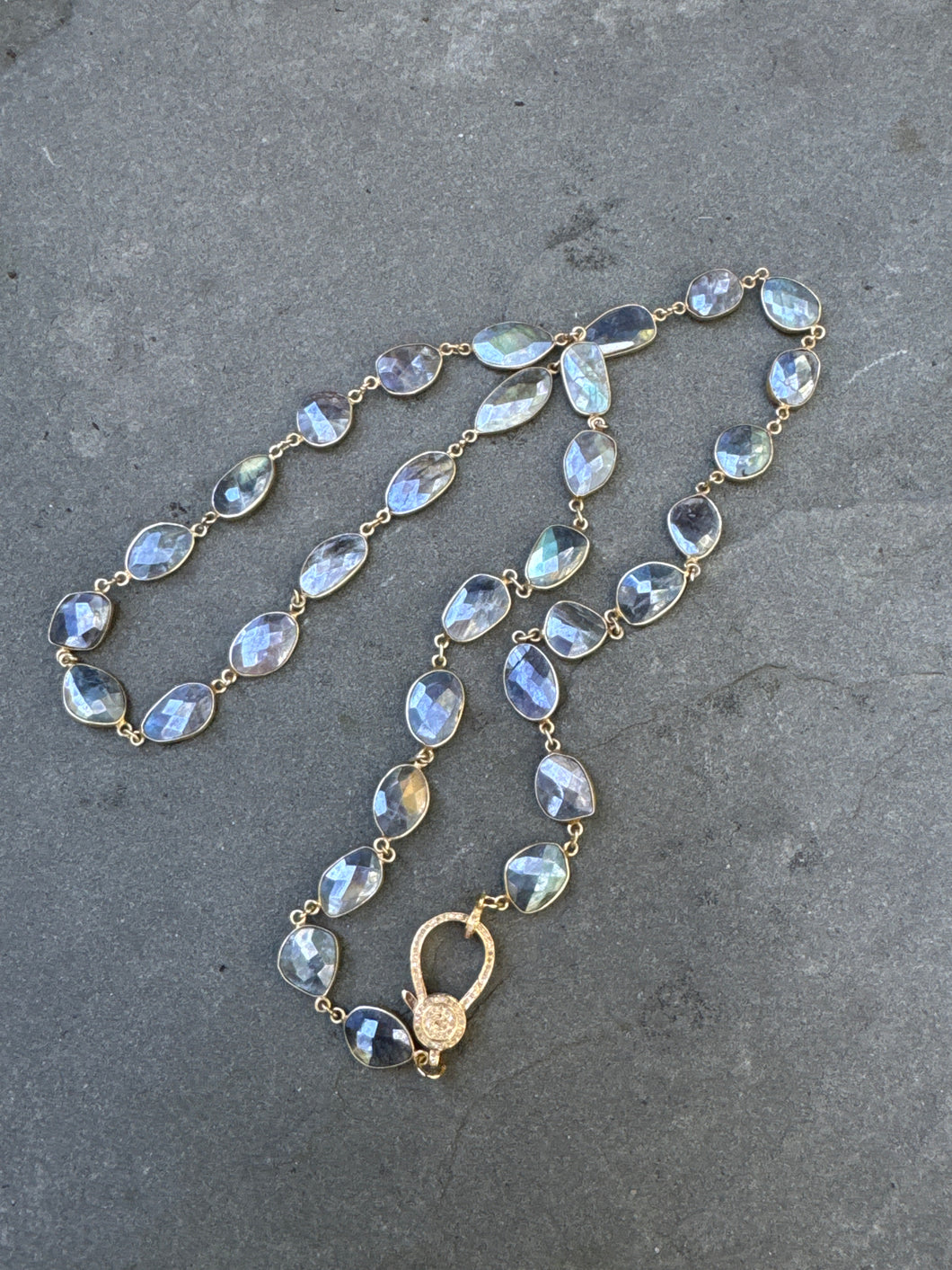 Mystic Labradorite Bezel Necklace with Diamond Clasp