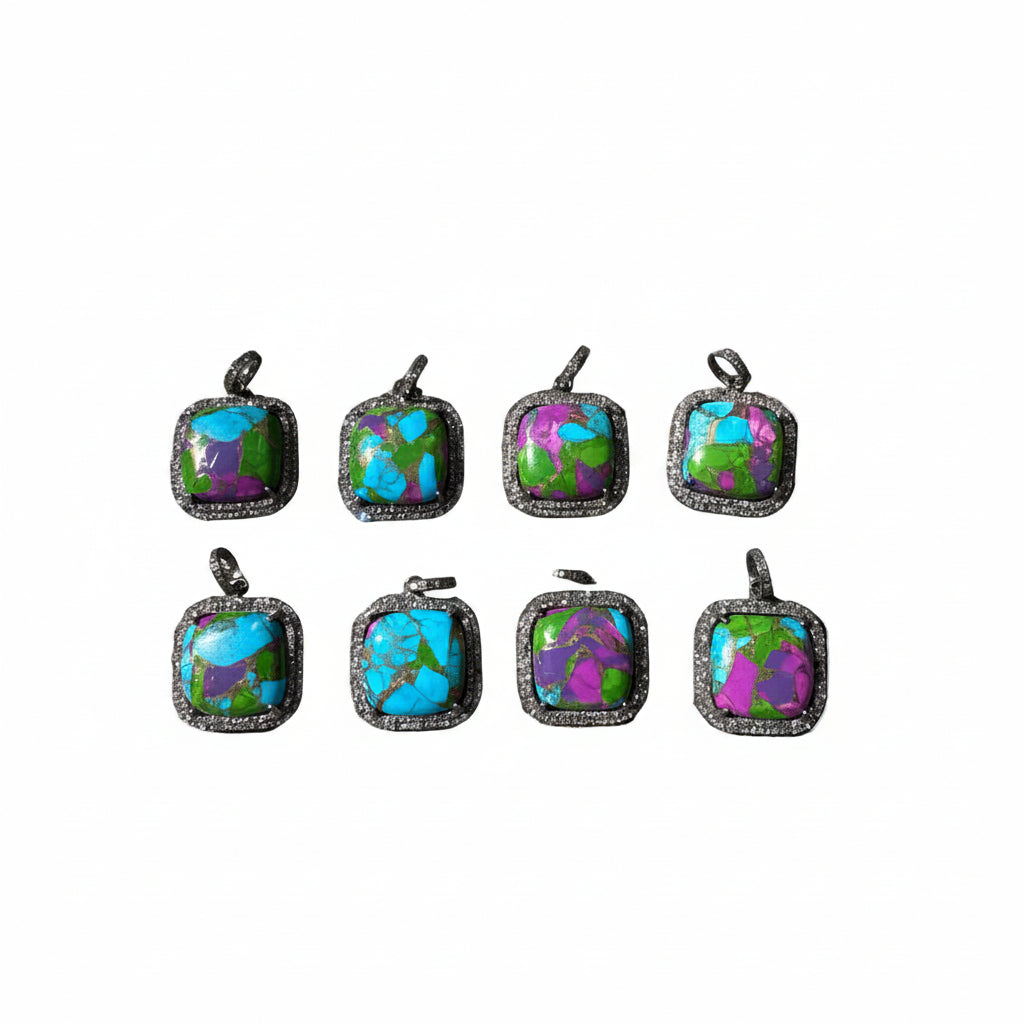 Turquoise Square with Double Row of Pave Diamonds Pendant