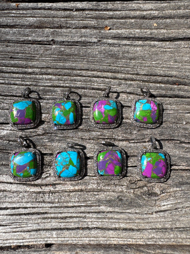 Turquoise Square with Double Row of Pave Diamonds Pendant