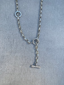 Sterling Silver Oval Link Chain with Pave Diamond Toggle Clasp and Additional Round Pave Diamond Clasp