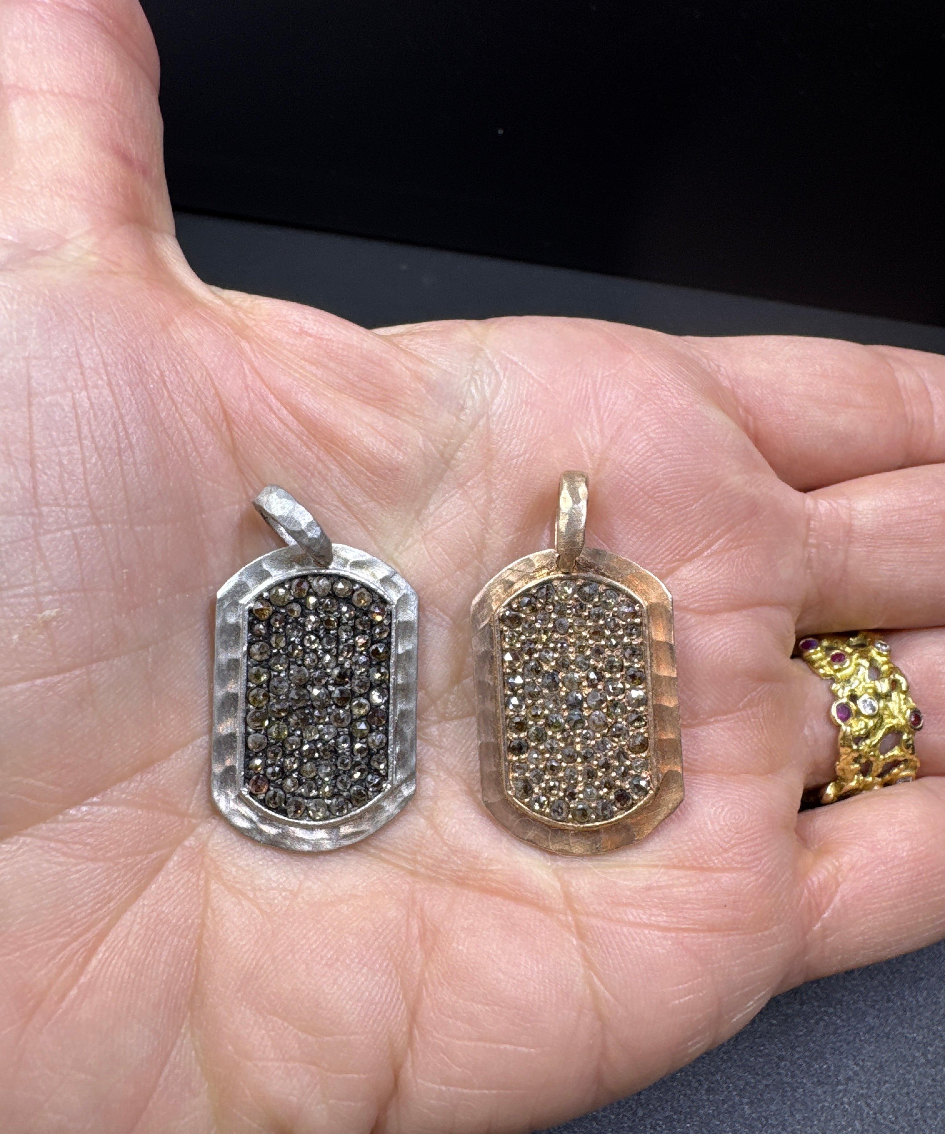 Pave Diamond with Hammered Details Dog Tag Pendants