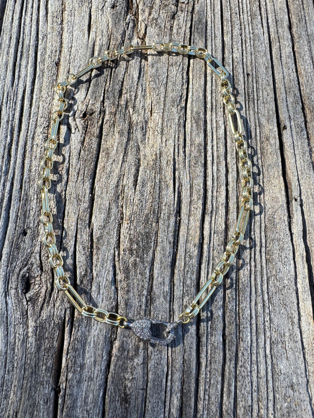 Fancy Paperclip Design Gold Chain Necklace with Diamond Clasp