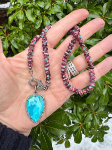 Spiny Turquoise Beaded Necklace with Diamond Heart Clasp
