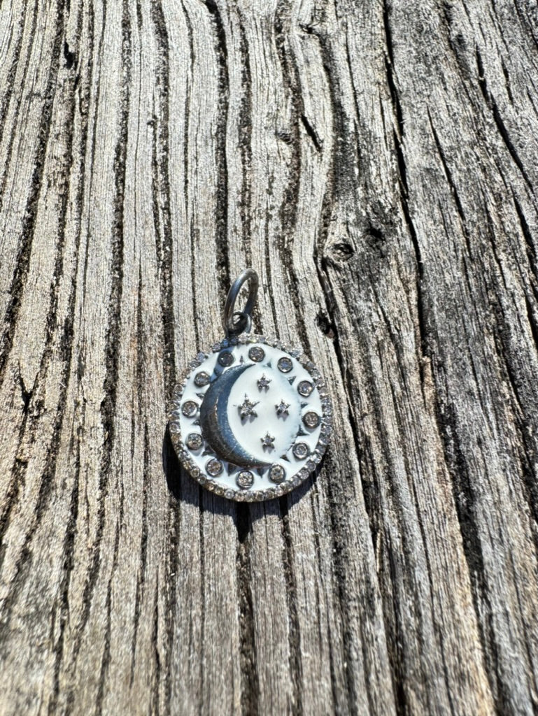 White Enamel Celestial Disc with Diamond Detail Pendant