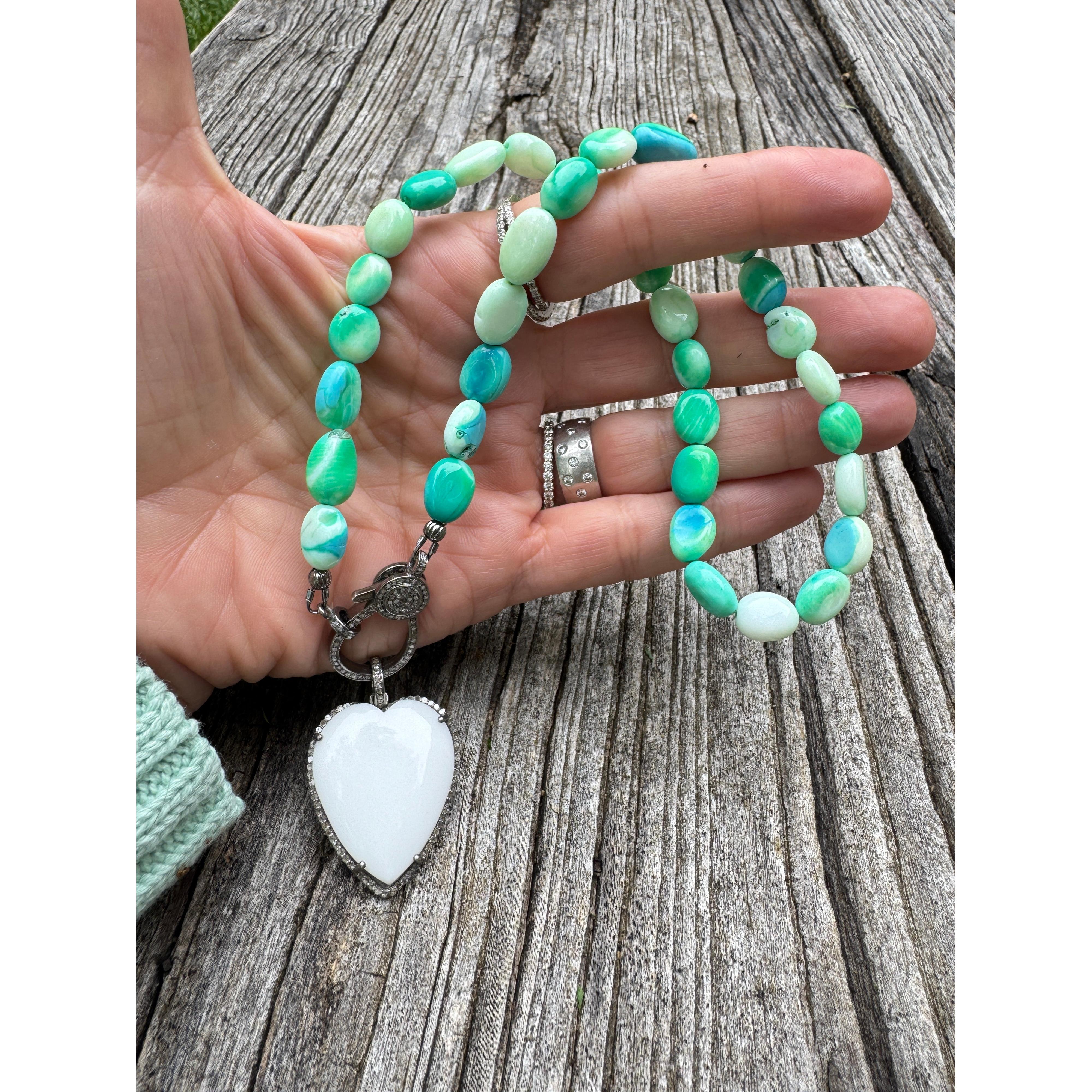 Peruvian Green Opal Beaded Necklace with Diamond Clasp