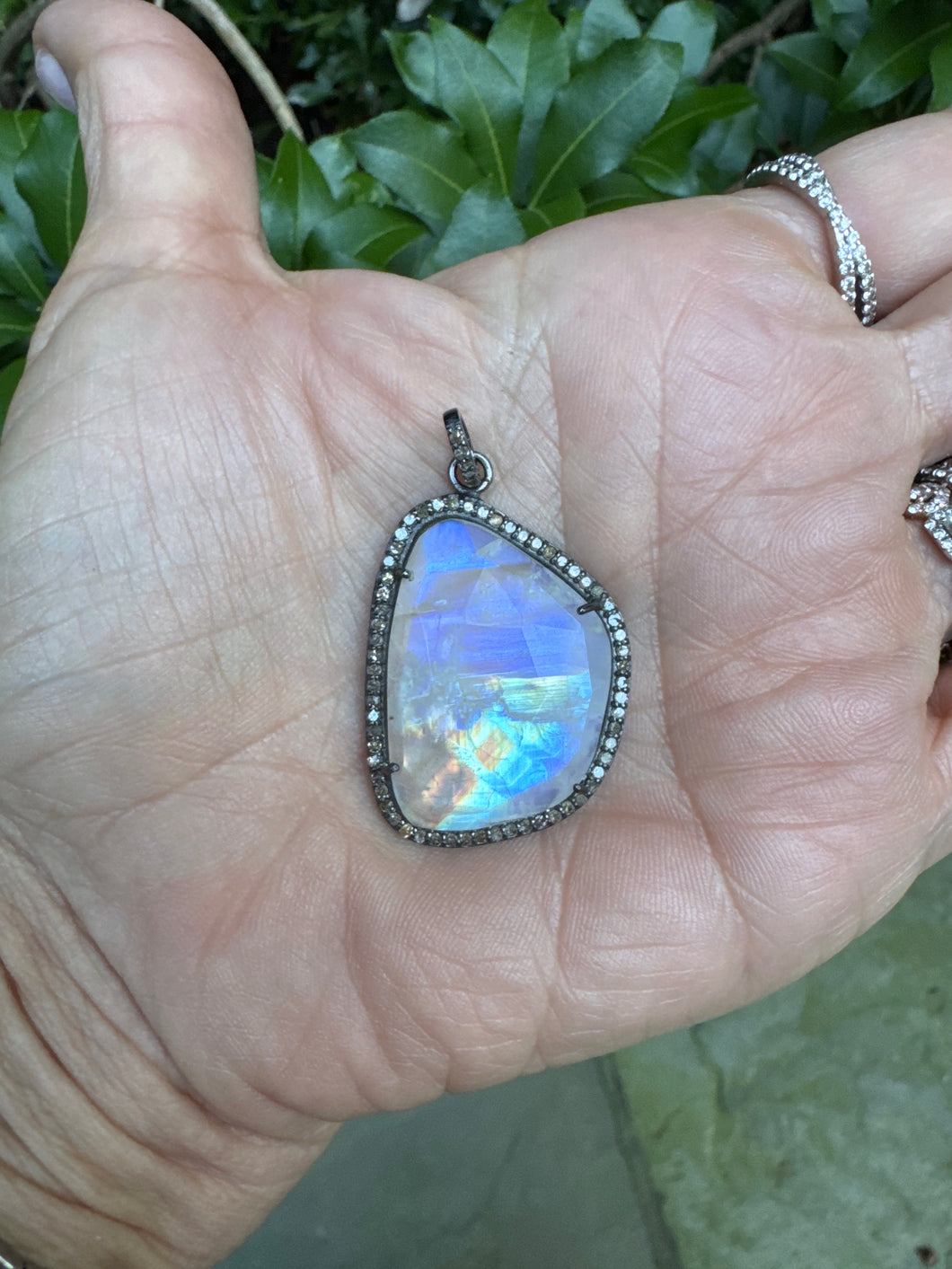 Large Moonstone Pendant with Diamond Bordwr