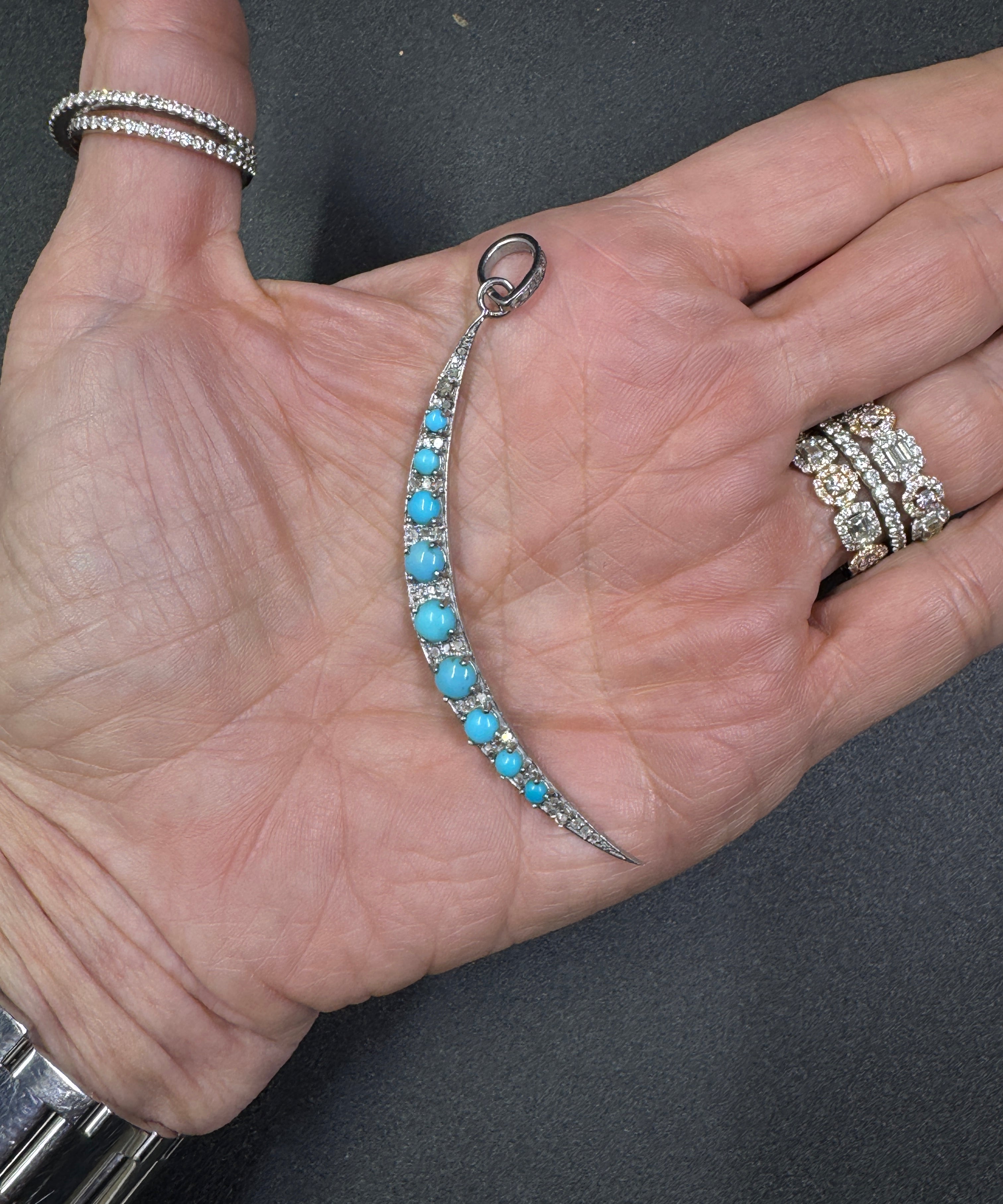 Pave Diamond and Turquoise Crescent Moon Pendant