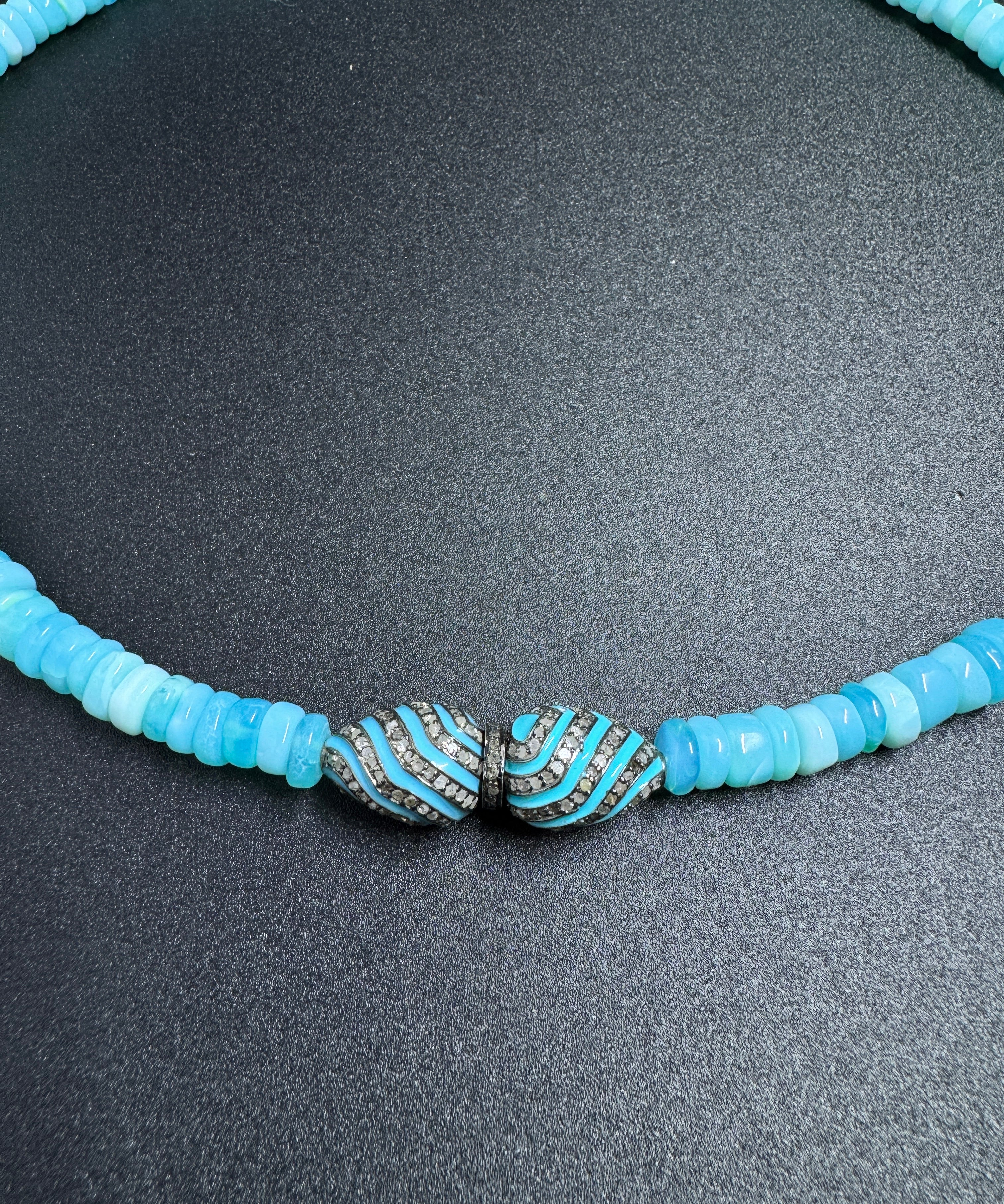 Blue Opal with Center Turquoise and Diamond Beaded Necklace