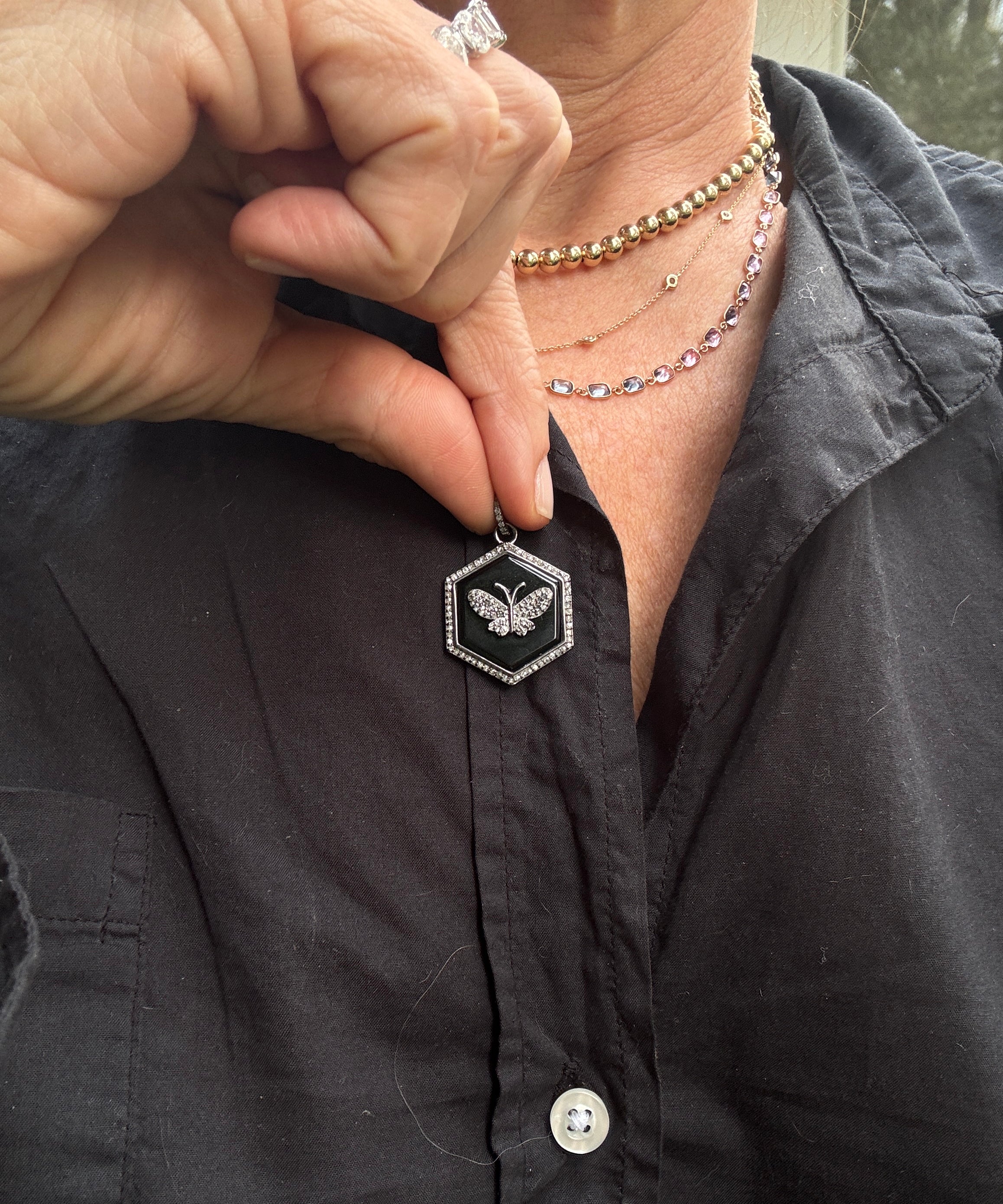 Octagon Onyx Pendant with Diamond Butterfly