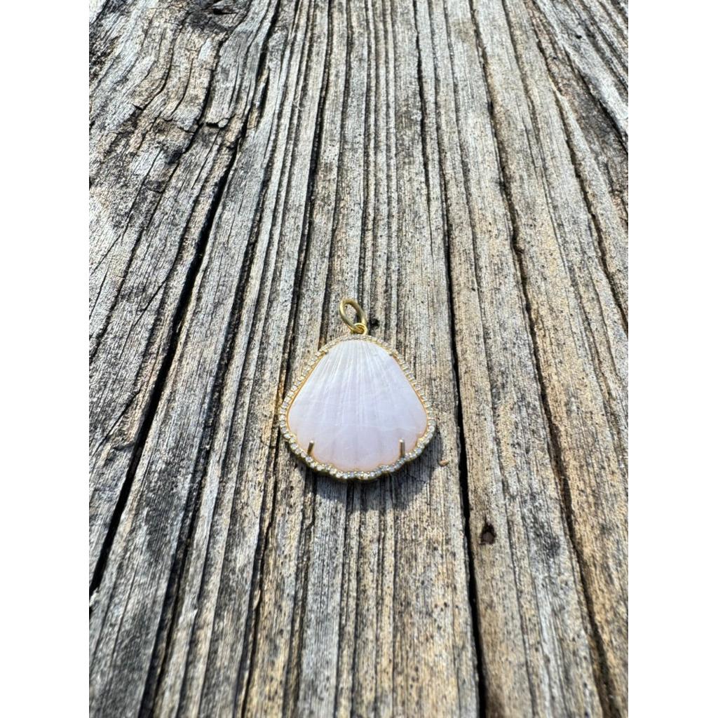 Pink Aragonite Shell with 14K Gold and Diamond Border Pendant