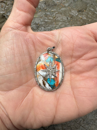 Spiny Turquoise Pendant with Diamond Starburst Pendant