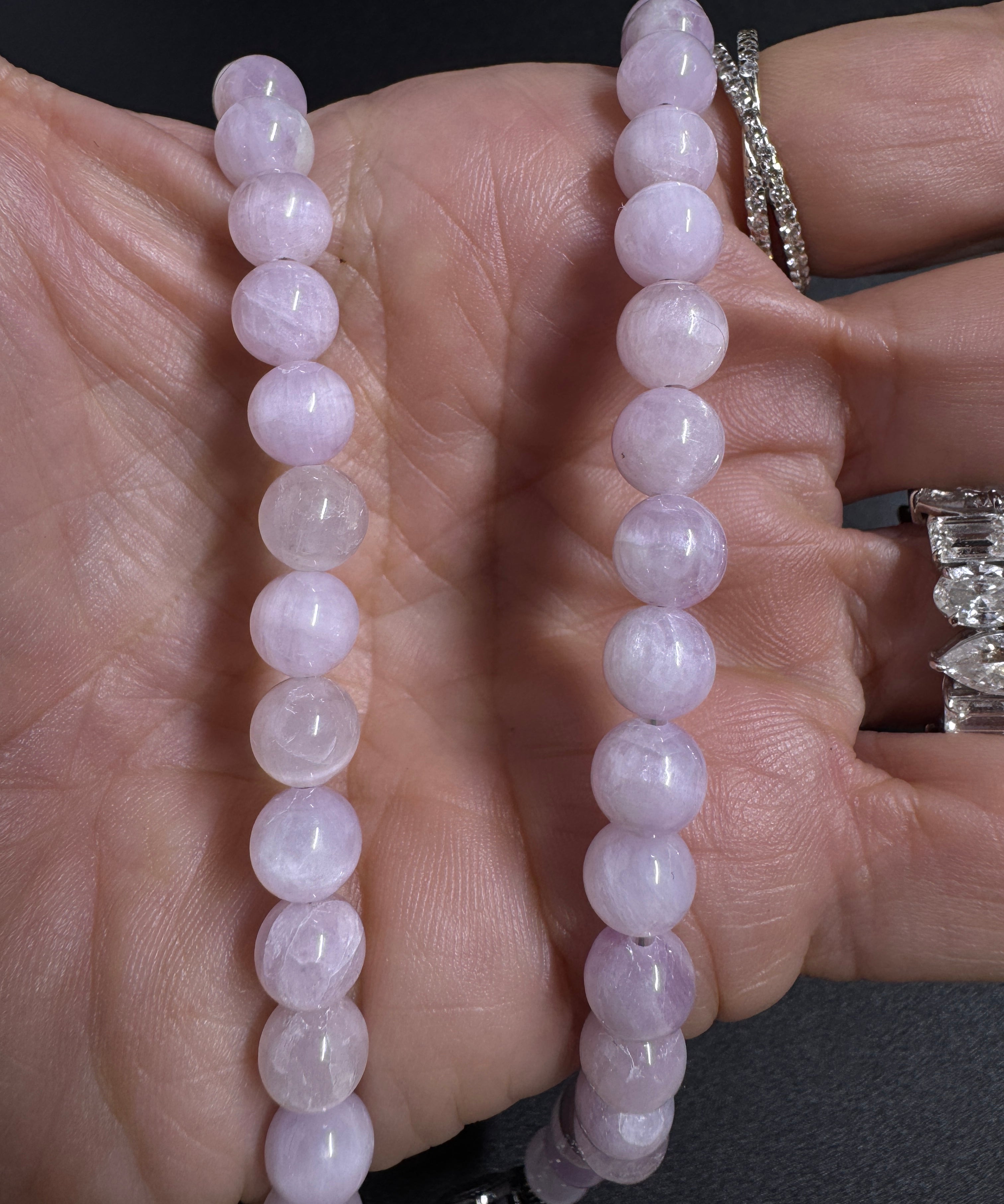 Kunzite Round Beaded Necklace with Diamond Clasp