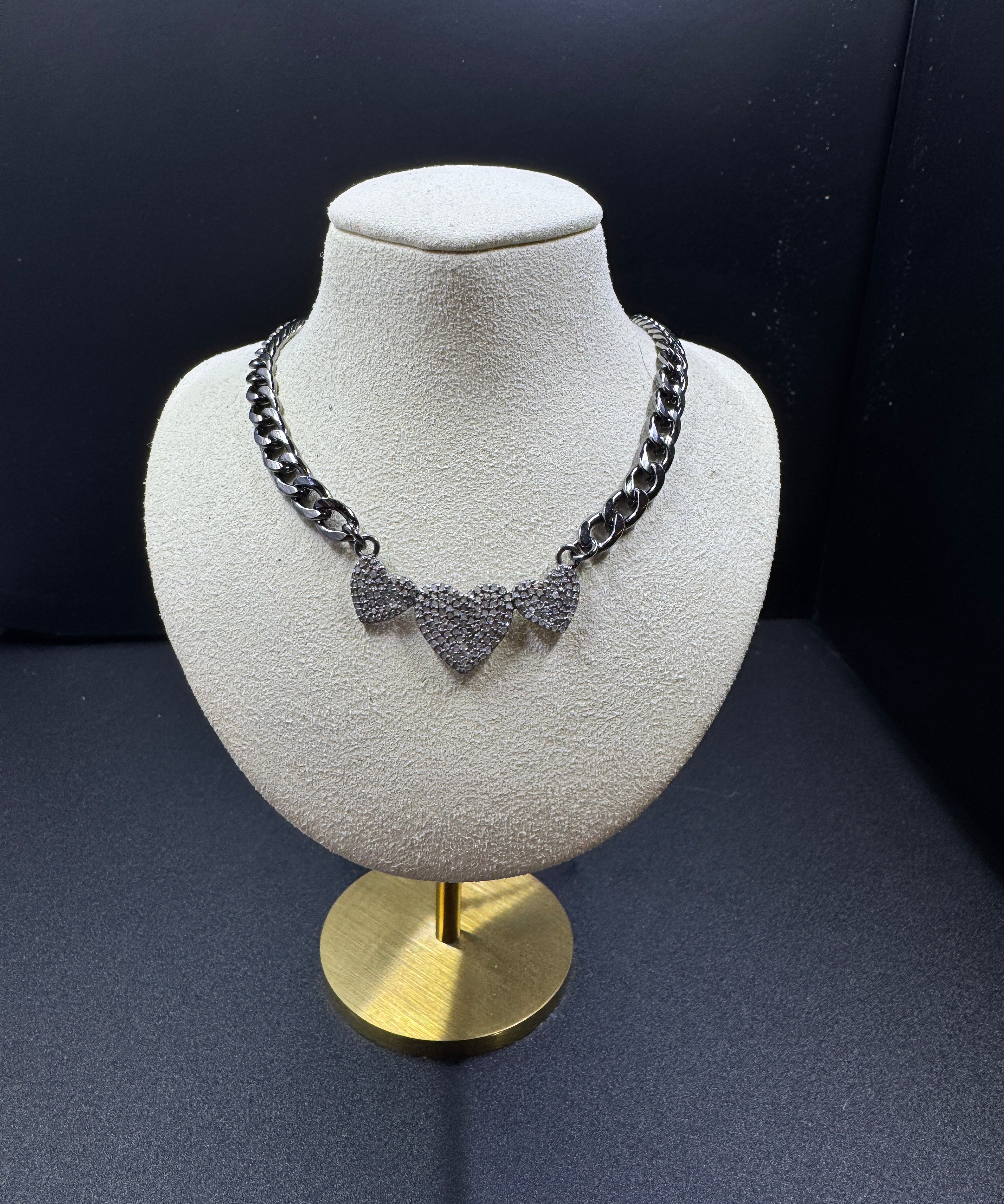 Cuban Chain with Three Heart Diamond Center Accent Necklace