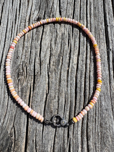 Peachy Pink Opal Beaded Necklace With Diamond Clasp