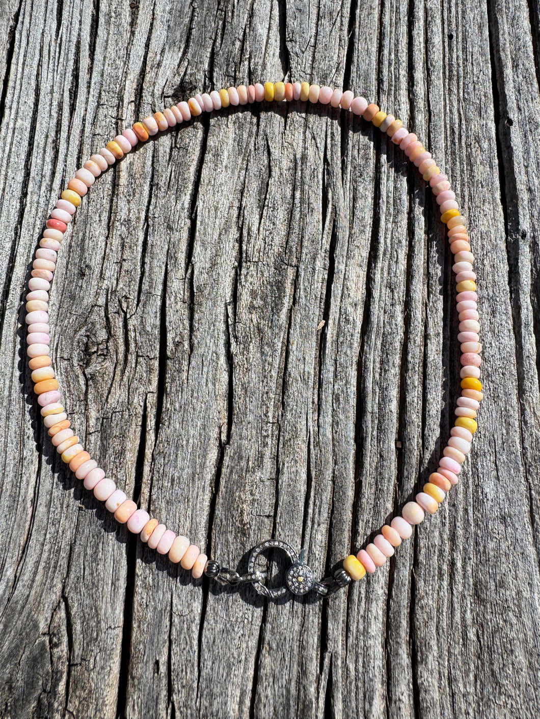Peachy Pink Opal Beaded Necklace With Diamond Clasp
