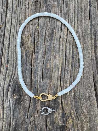 White Quartz Heishi Beaded Necklace with Pave Diamond Clasp