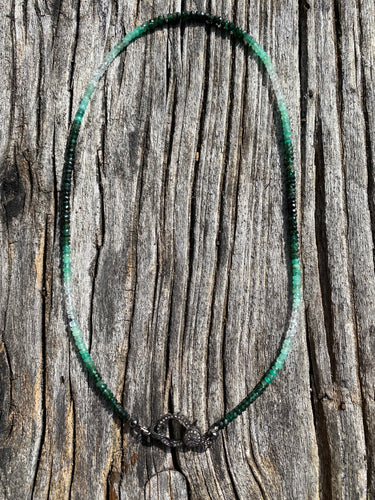 Green Emerald Ombré Beaded Necklace with Pave Diamond Clasp