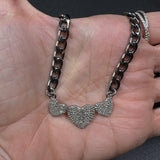 Cuban Chain with Three Heart Diamond Center Accent Necklace