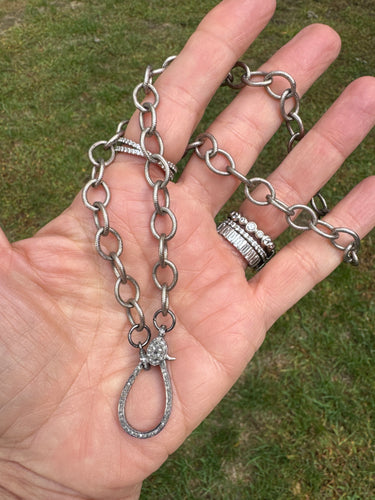 Silver Etched Round Link Necklace with Diamond Clasp