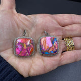 Puffy Multi Copper Turquoise and Pave Diamond Square Pendants