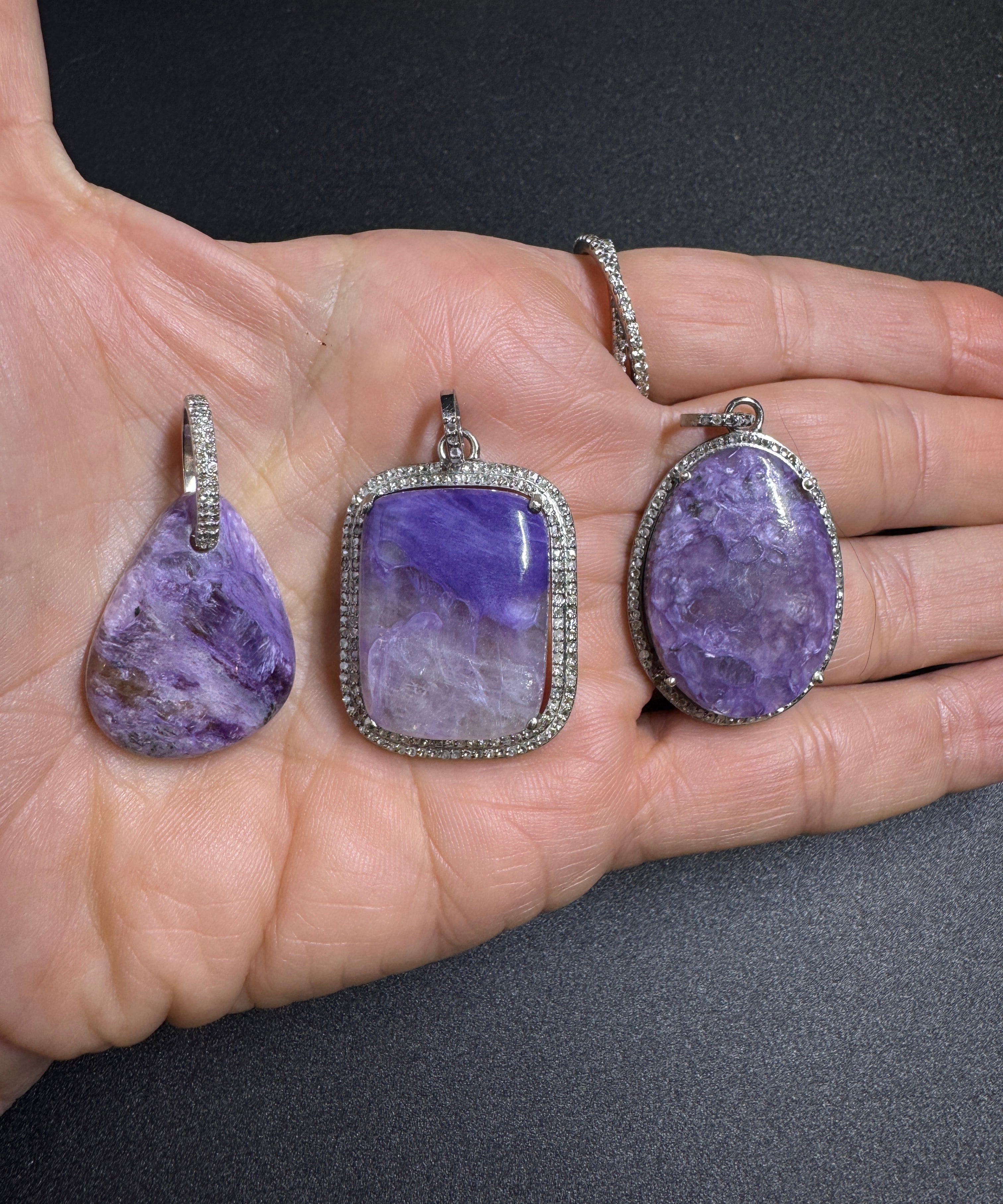 Charoite and Diamond Pendants