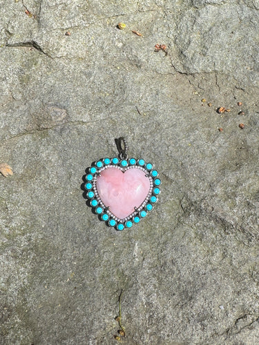 Pink Opal Heart with Diamond and Turquoise Border.