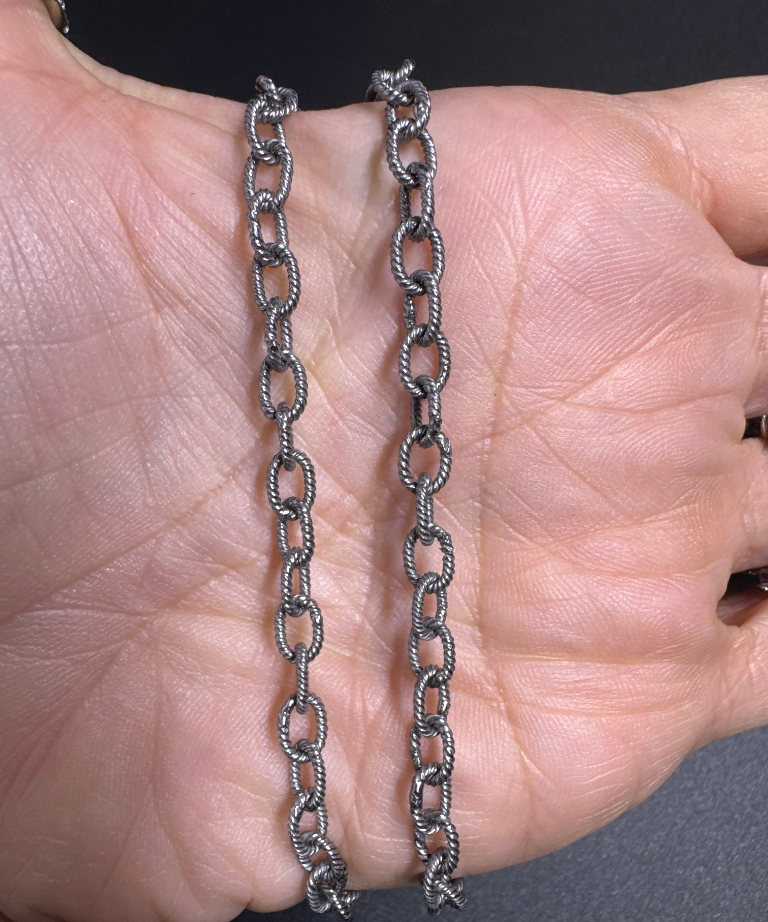 Silver Textured Oval Link Chain Necklace with Pave Diamond Clasp