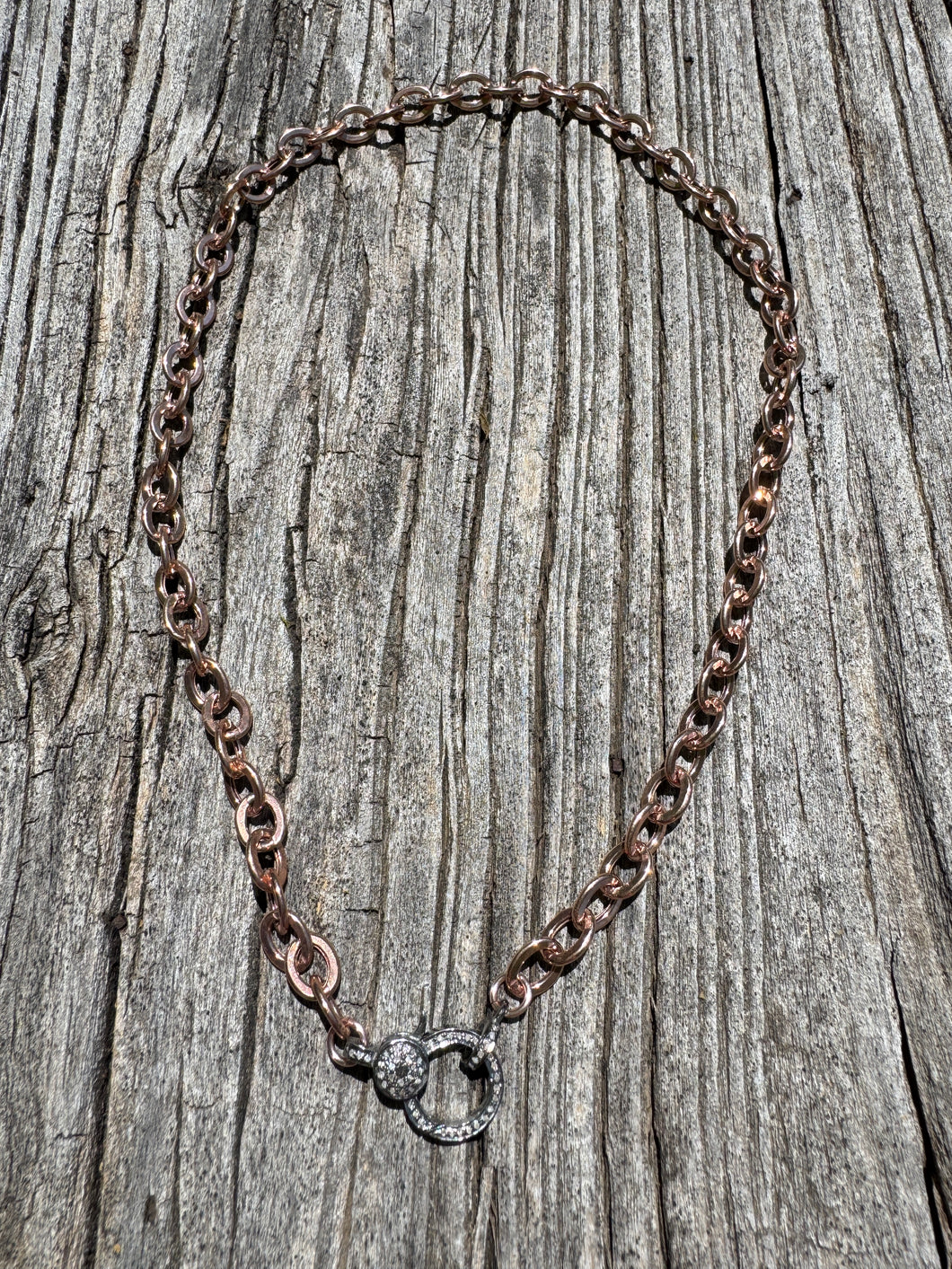 Round Rose Gold Link Chain Necklace with Diamond Clasp