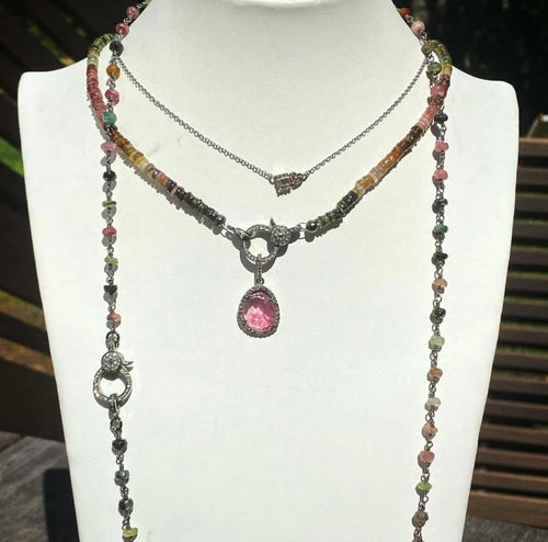 Dainty Watermelon Tourmaline Wire Wrapped Necklace with Diamond Clasp