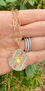 14k Gold and Sapphire Star of David Disc Pendant