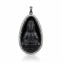 Black Obsidian and Carved Kwan Yin Pendant with Diamond Border
