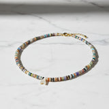 Multi Gemstone Necklace with Mother of Pearl Initial
