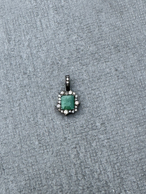 Mini Emerald Square Pendant with Diamond Border