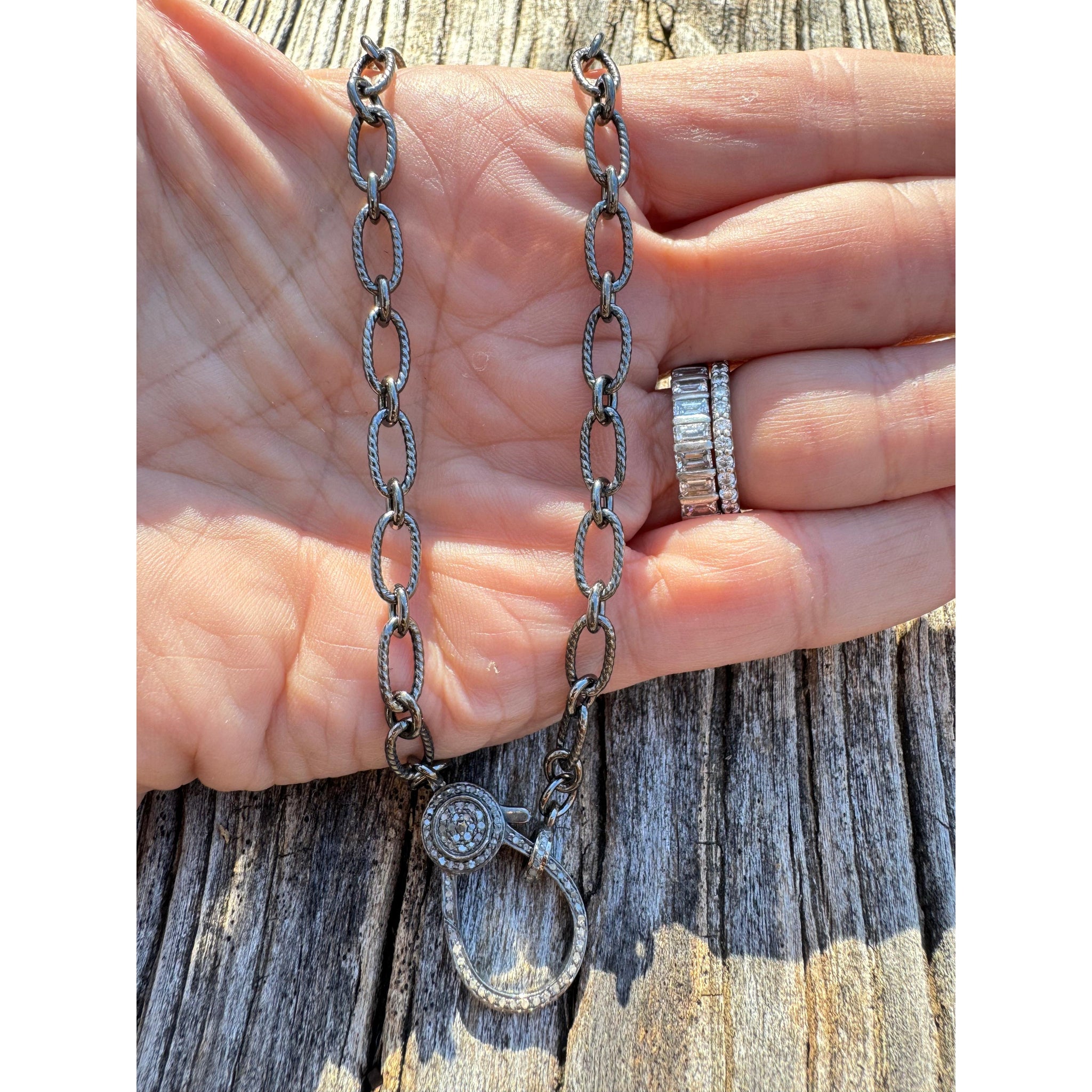 Sterling Silver Large and Small Link Necklace with Pave Diamond