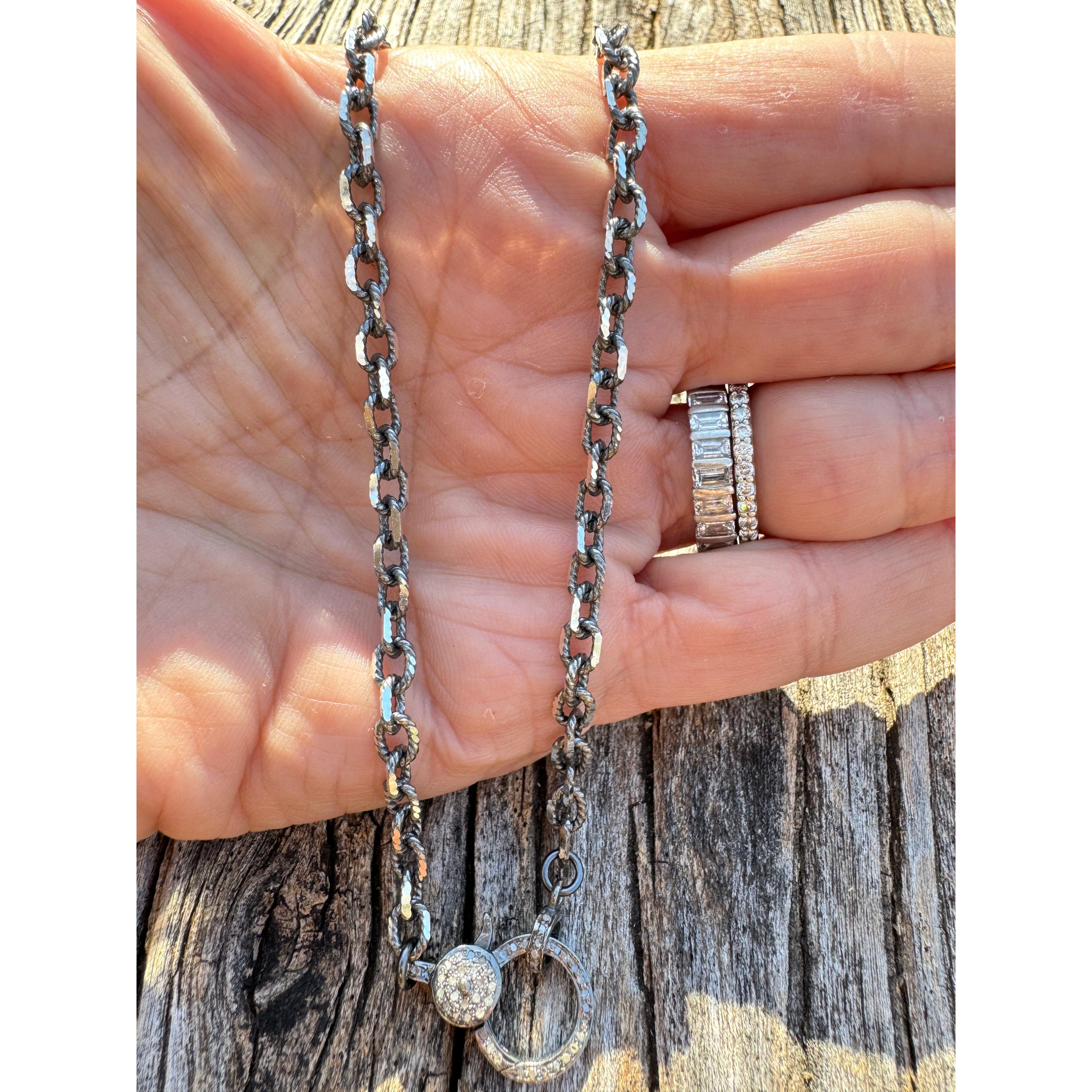 Sterling Silver Oval Link with Diamond Cut Edges with Pave Diamond Clasp