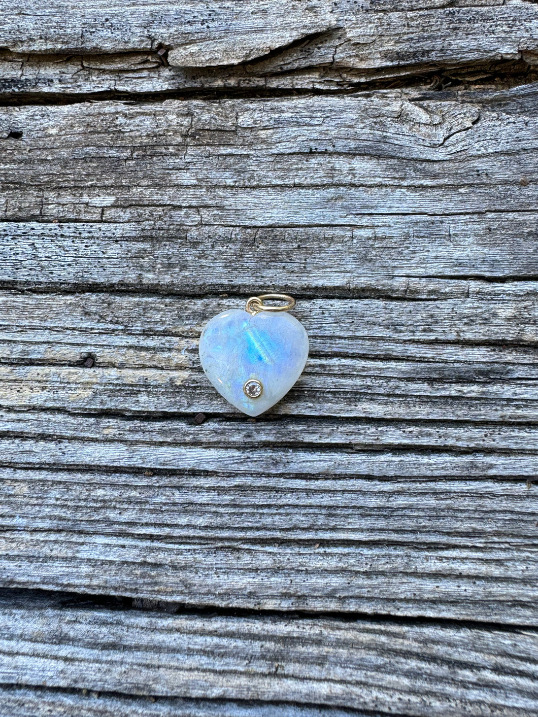 Moonstone Heart with 14k Gold Details and Solitaire Diamond Pendant