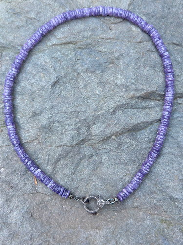 Charoite Heishi Beaded Necklace with Pave Diamond Clasp